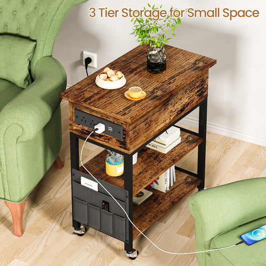 AWQM  Side table with charging column 2 PCS Flip-top side table