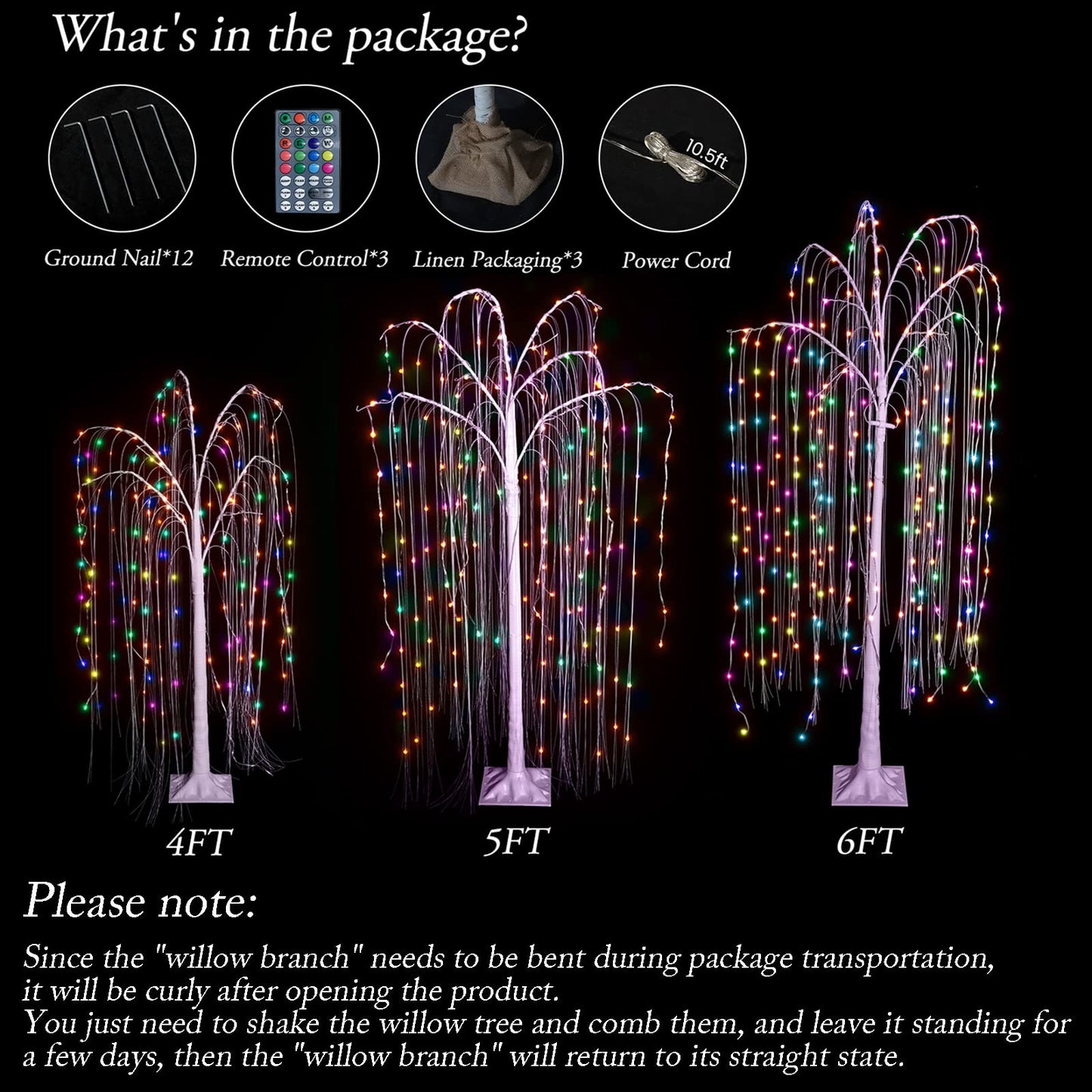 AWQM Illuminated Willow Tree 3 Piece Set, 4FT 5FT 6FT Colorful Halloween Tree Decorative LEDs