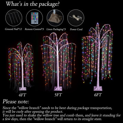 AWQM Illuminated Willow Tree 3 Piece Set, 4FT 5FT 6FT Colorful Halloween Tree Decorative LEDs