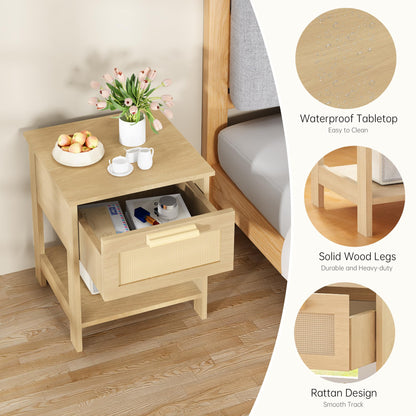 AWQM Bedside table, rattan coffee table, side table with rattan drawers and open shelves