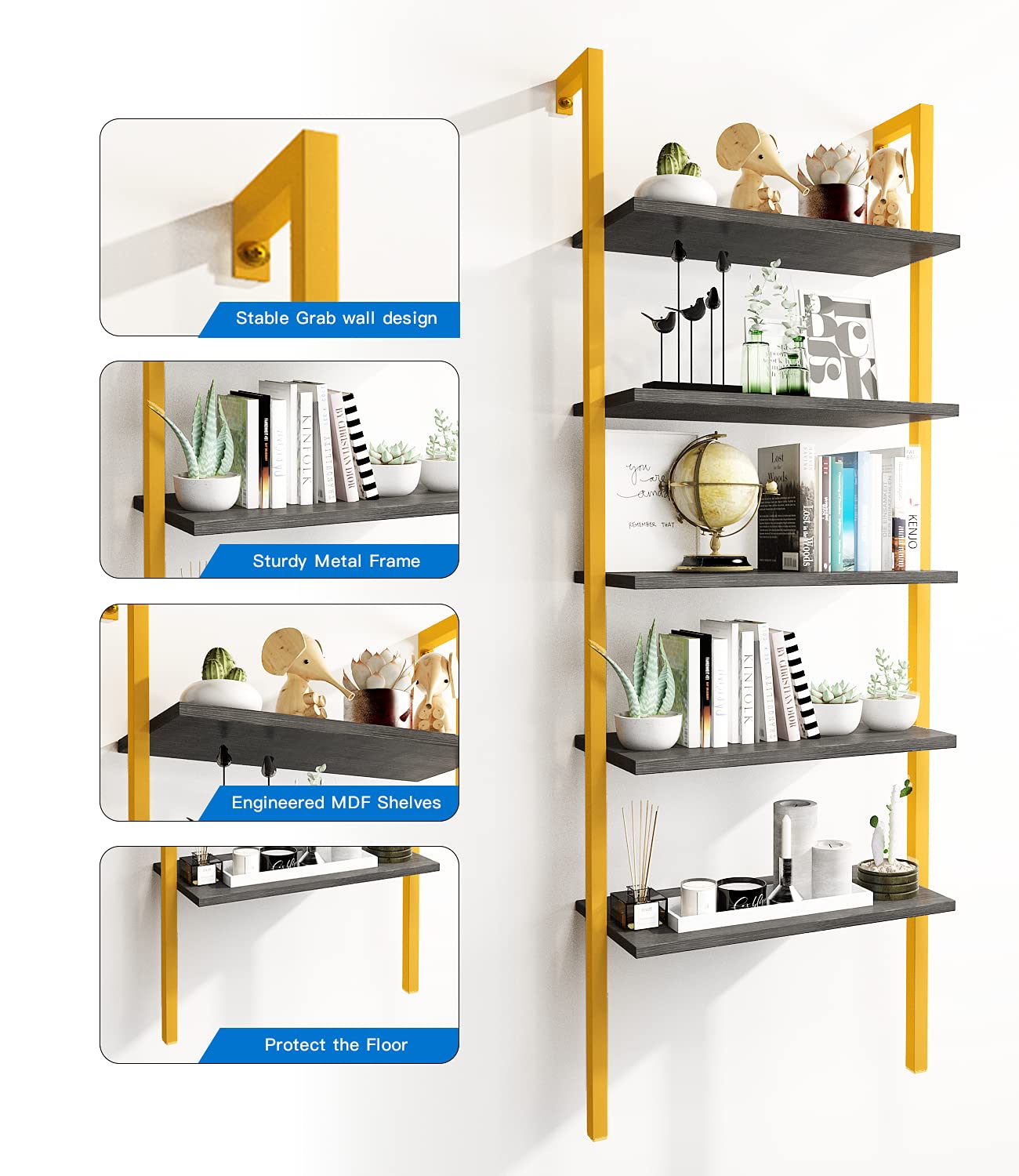 AWQM Wall Mounted Bookcase, Industrial Ladder Bookcase