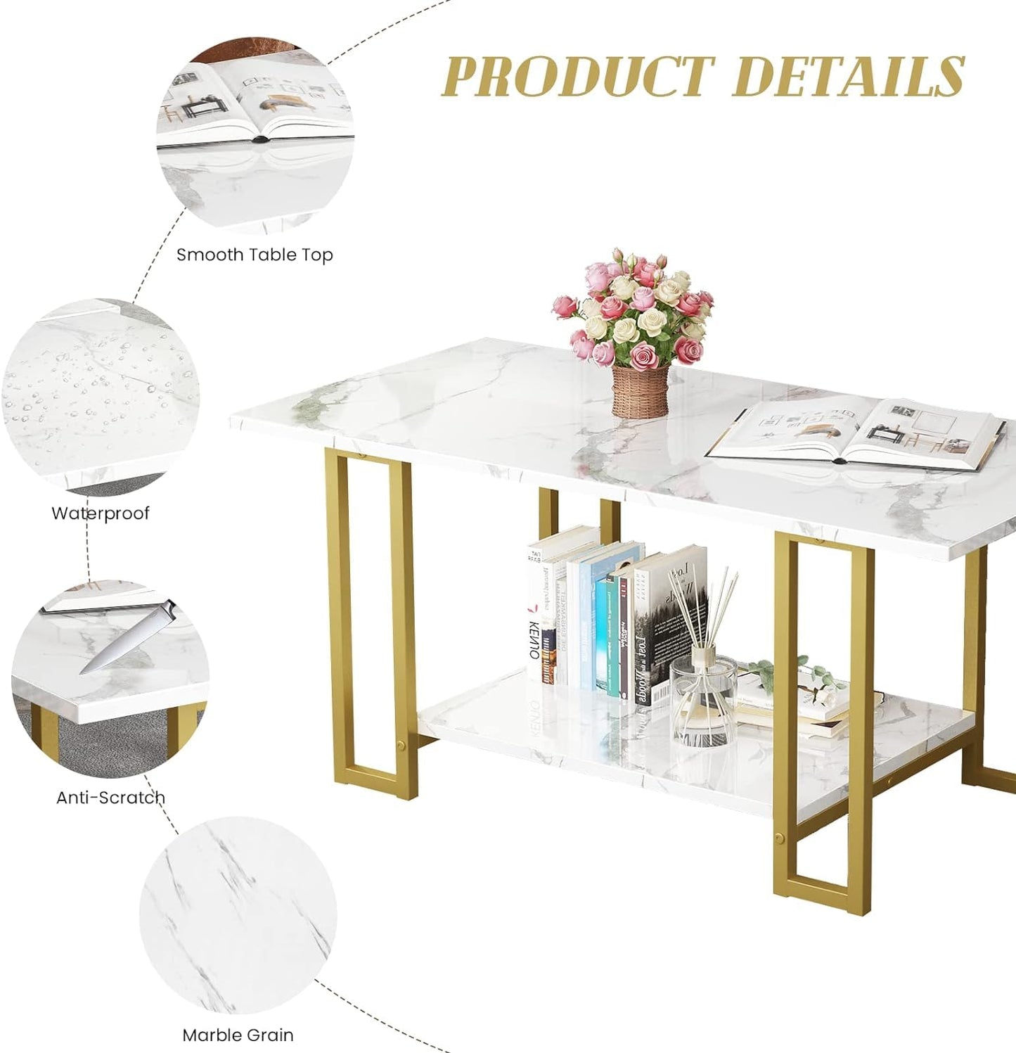 AWQM 3 Pieces Modern Coffee Set, with Console Table, White & Gold