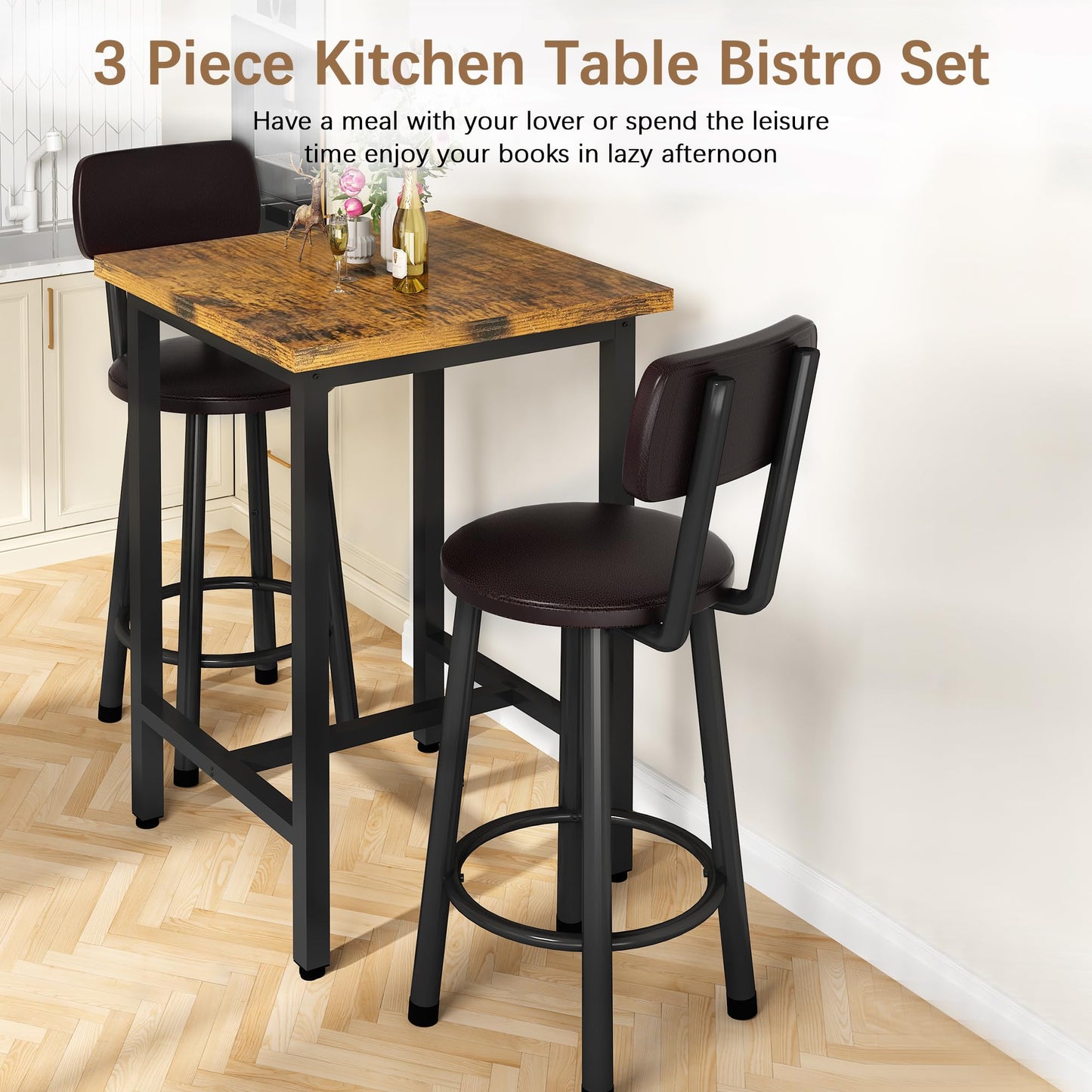 AWQM Industrial Wooden 3 Piece Bar Dining Table Set Counter Height Wooden Tabletop Bistro