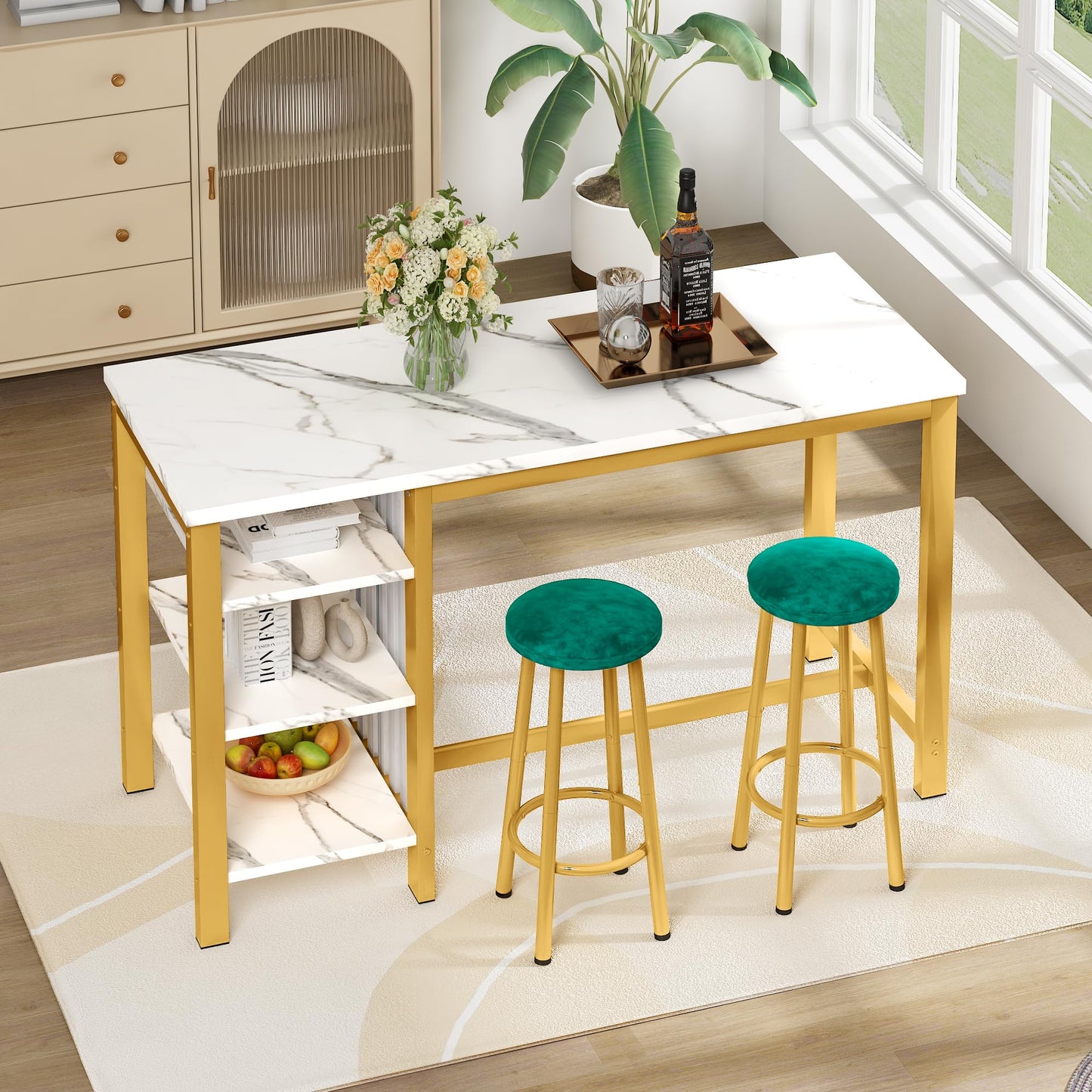 AWQM Bar Set, Modern Marble 2 Velvet Stools