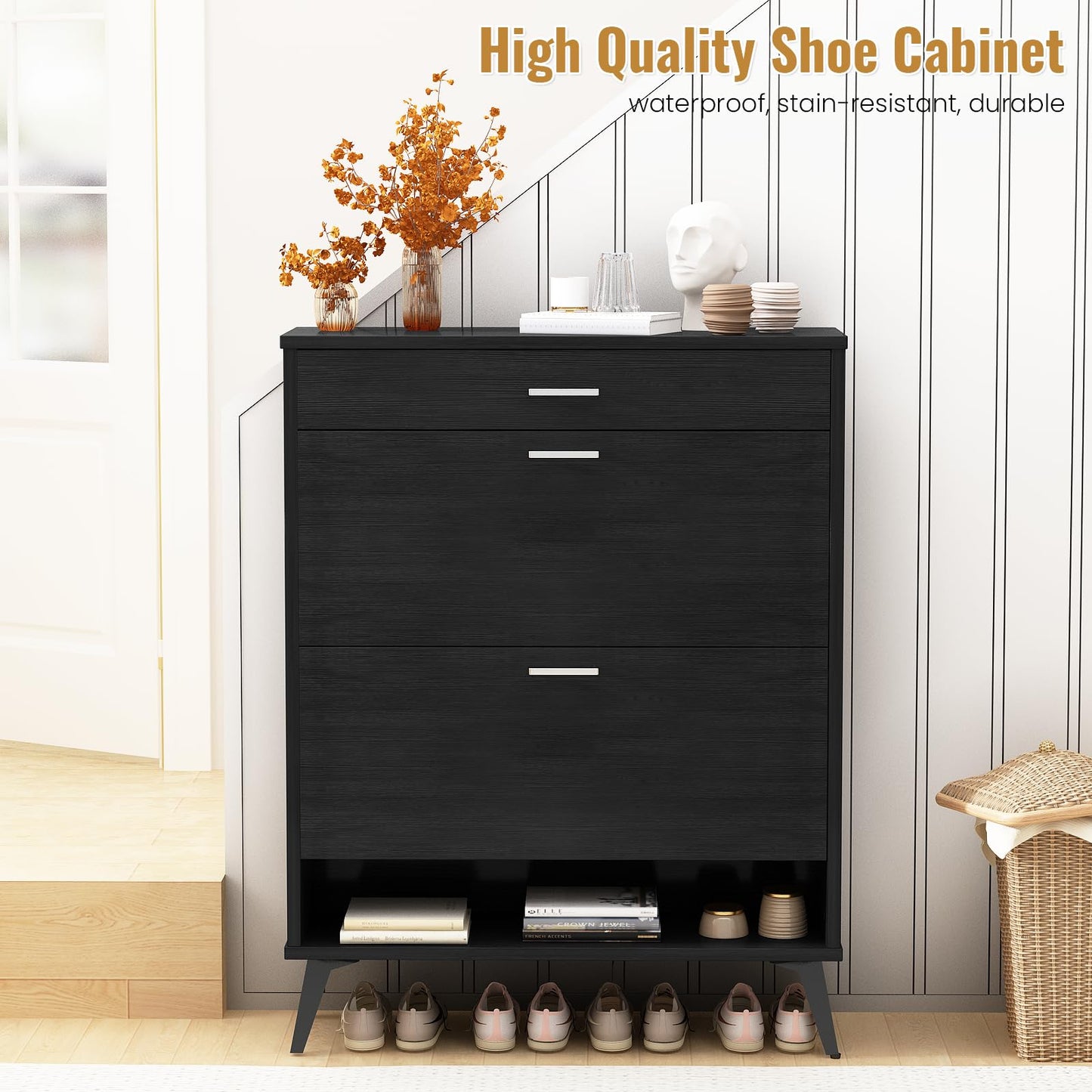 AWQM Entryway Shoe Cabinet, Freestanding Shoe Cabinet with 2 Flip-Flop Drawers