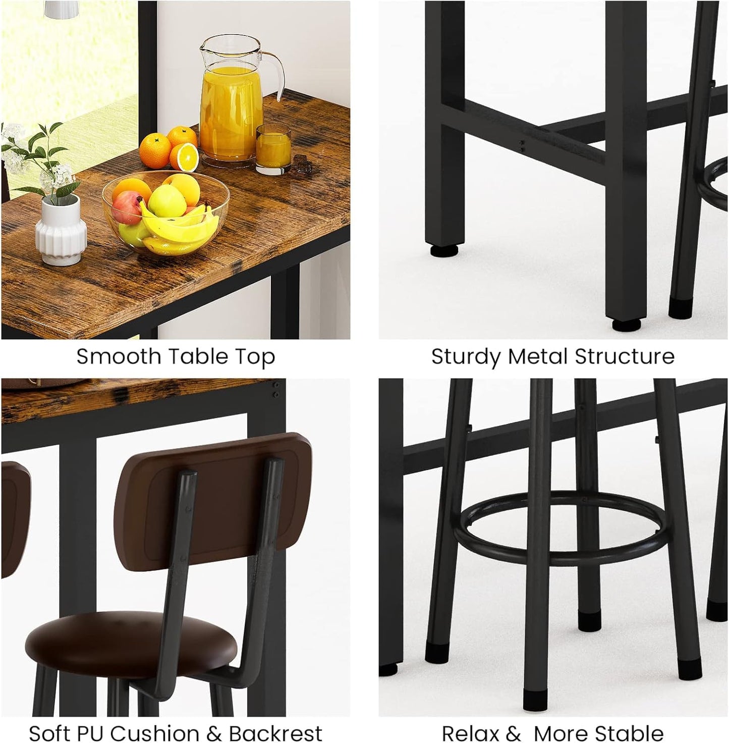 AWQM Industrial Wooden Bar, High Table Table 2 Polyurethane Upholstered Stools.