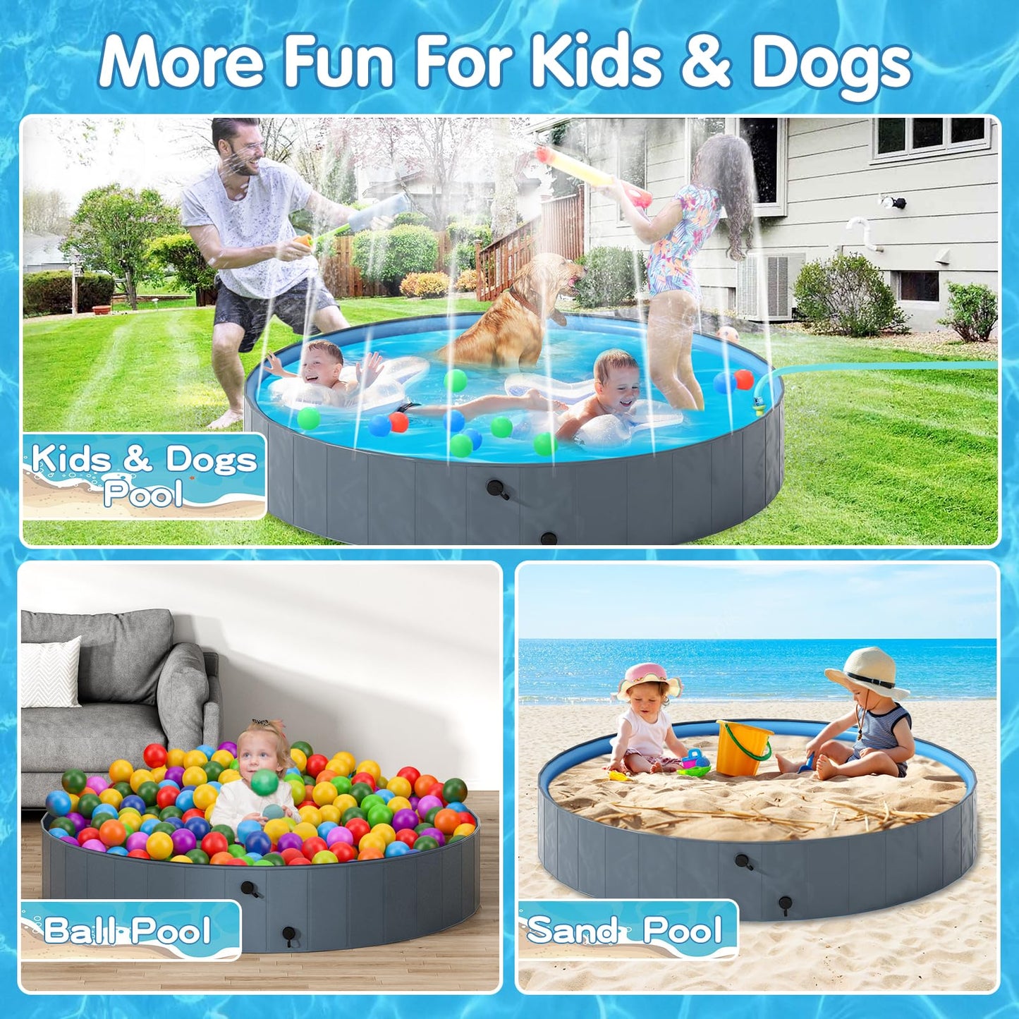 AWQM Collapsible Dog Pool with Sprinkler, Outdoor Portable Non-Slip Kids Pools