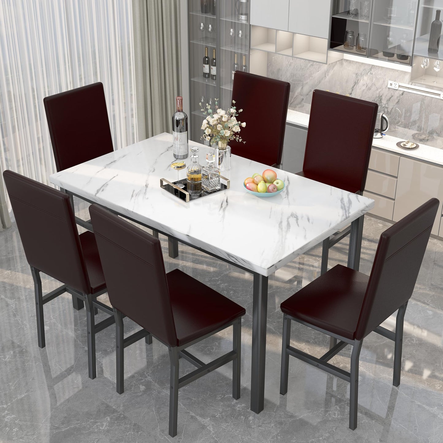 AWQM Marble 6 Person Dining Table Set 7 Piece Kitchen Table and Chairs