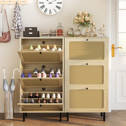 AWQM  Freestanding shoe cabinet with 3 rattan flip-up drawers