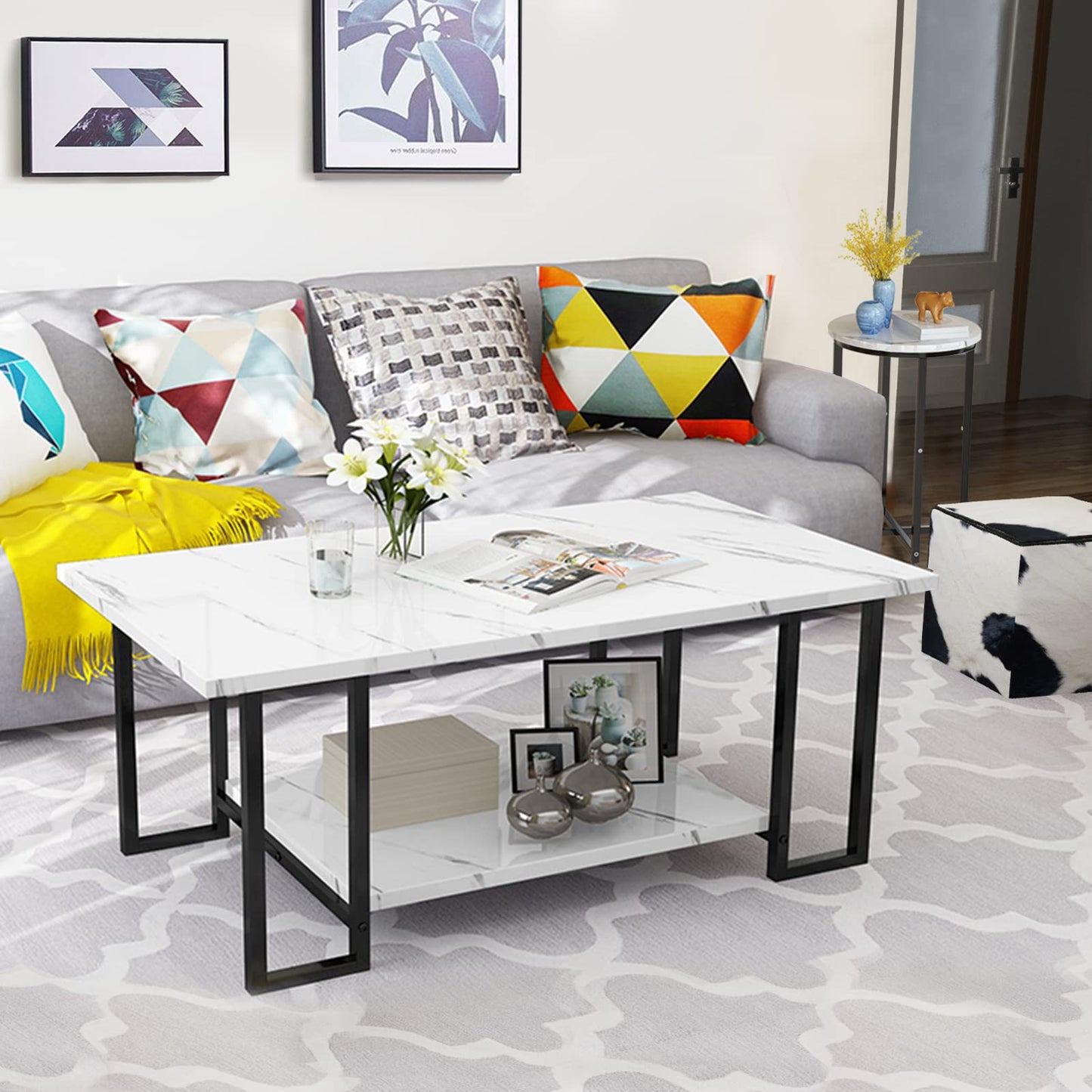 AWQM Square Marble Coffee Table 2 Round Side Tables