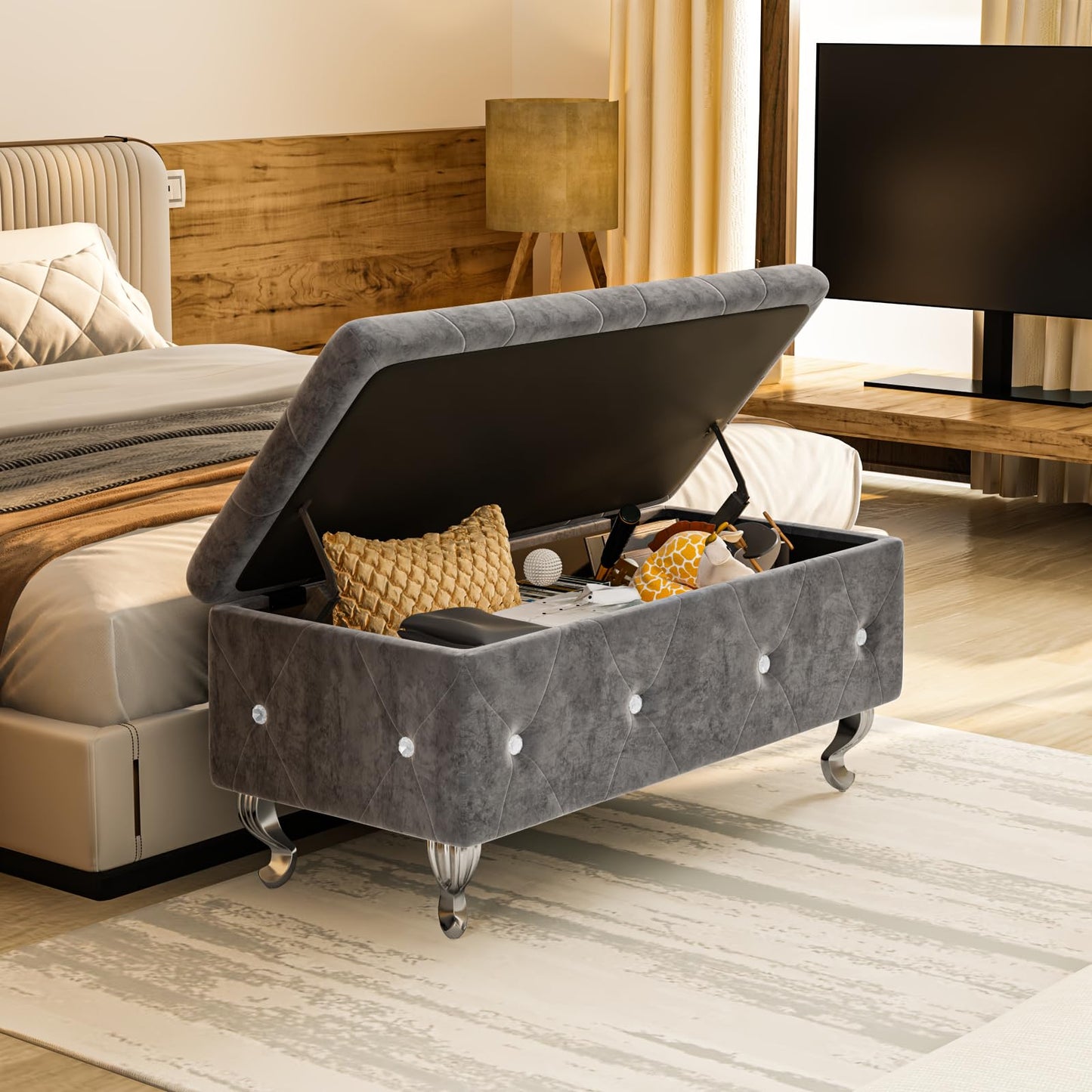 AWQM Upholstered Storage Bench, Safety Hinged Tufted Bed Bench