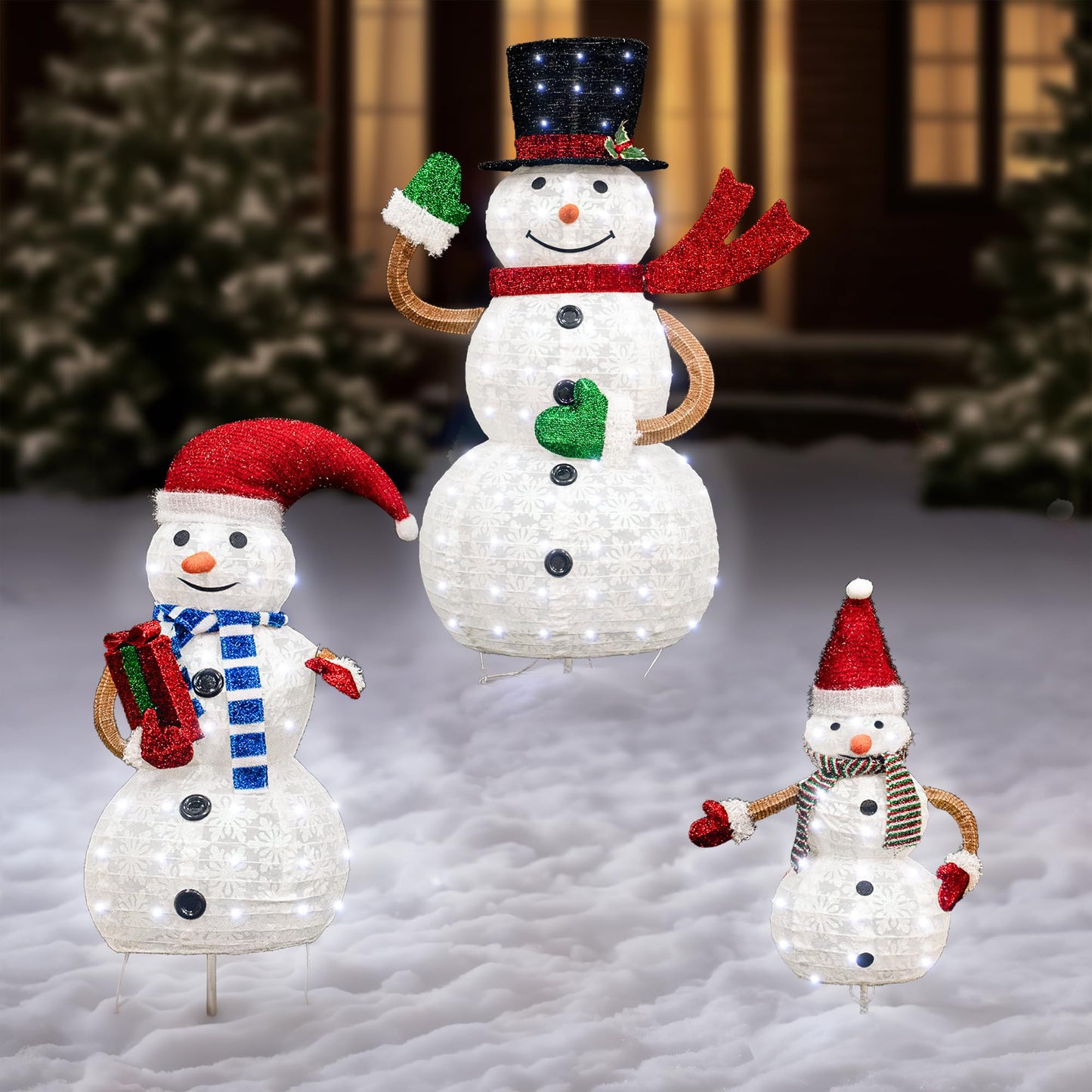 AWQM 3 Piece Pre-Lit Christmas Snowman Family Glitter Glow Snowman