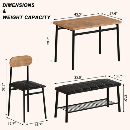 AWQM Industrial Wooden Dining Set for 4 with Bench and 2 Upholstered Chairs