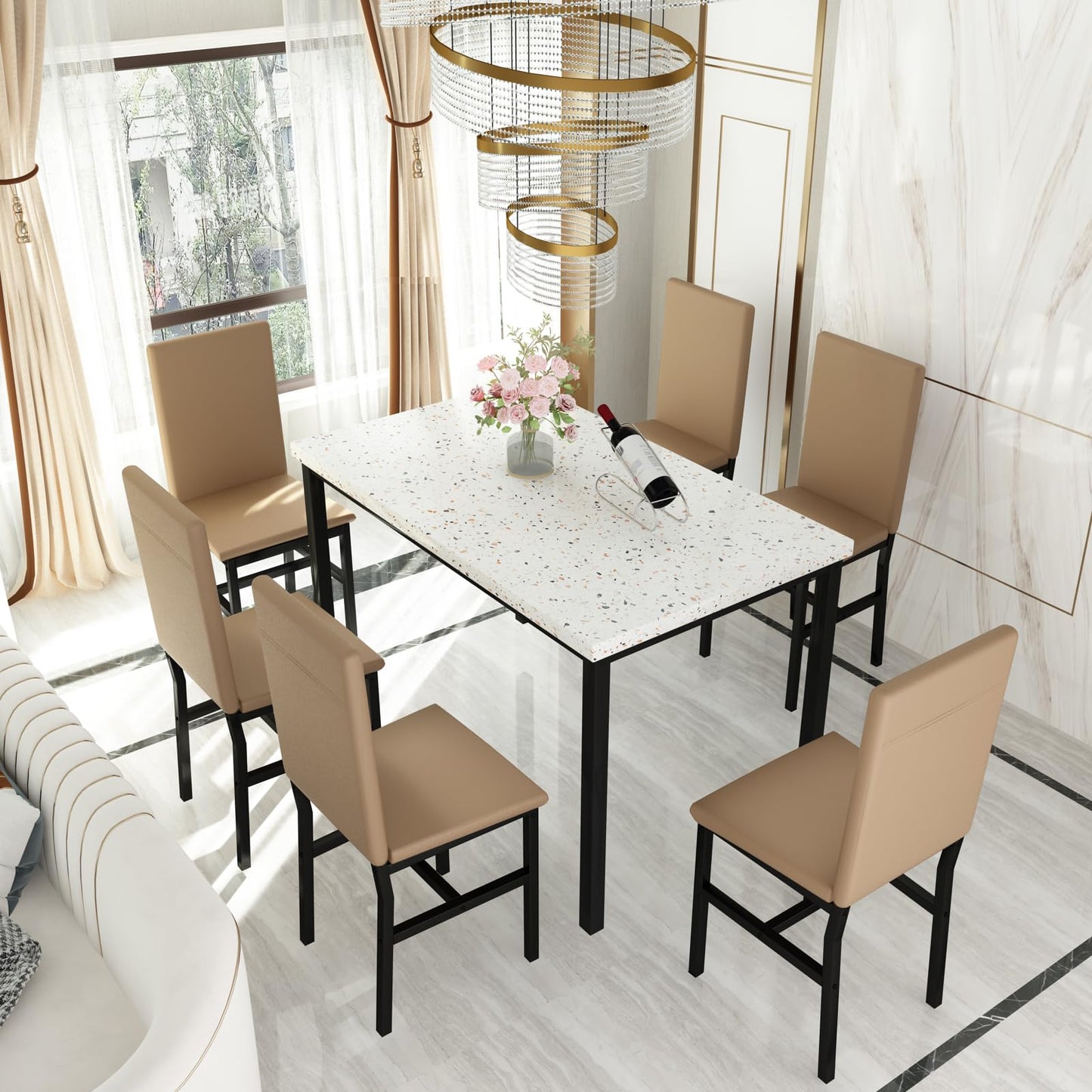 AWQM Marble 6-person dining table set with 6 PU leather chairs