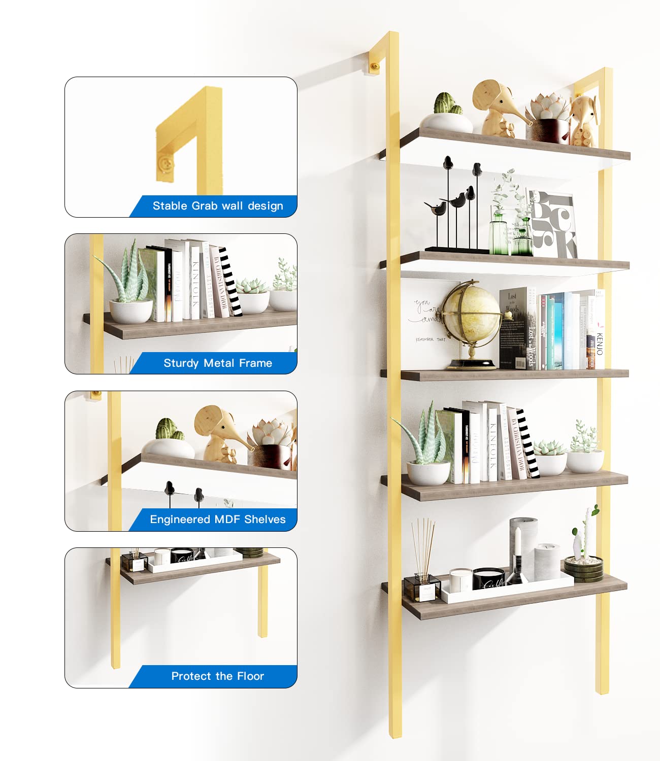 AWQM Wall Mounted Bookcase, Industrial Ladder Bookcase