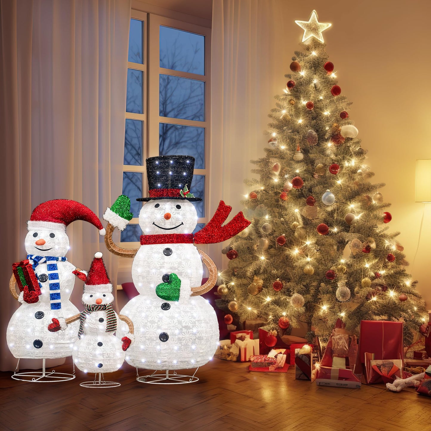 AWQM 3 Piece Pre-Lit Christmas Snowman Family Glitter Glow Snowman