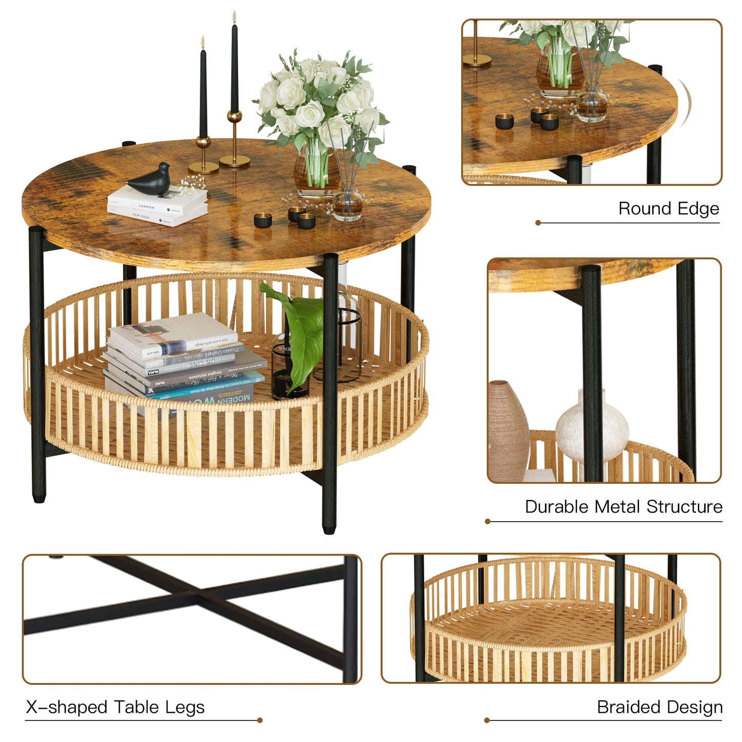 AWQM Coffee Table Tier Round Rattan Coffee Table Side Table with Metal Frame