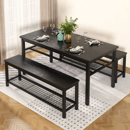 AWQM 43.3” Dining Table Set for 4, Kitchen Table with 2 Benches, Dining Room Table Set with Metal Frame and Storage Shelves