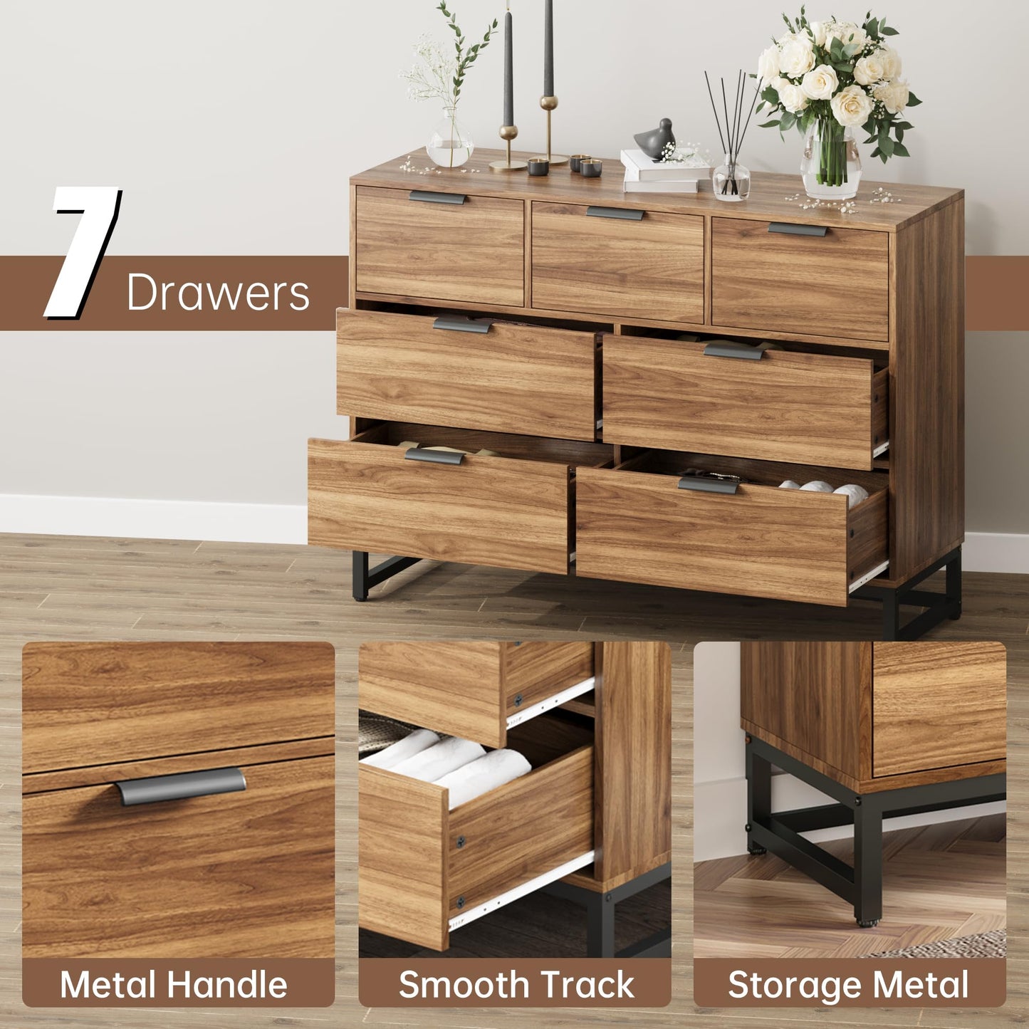 AWQM  Long Chest of Drawers, 7 Drawer Dresser Wooden Cabinet Storage Tower