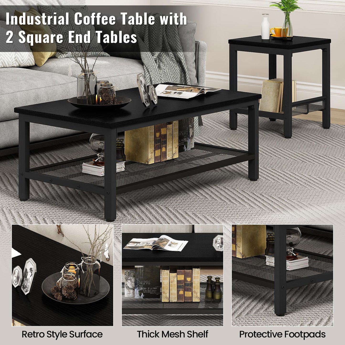 AWQM Industrial Coffee Table and 2 Square Side Tables