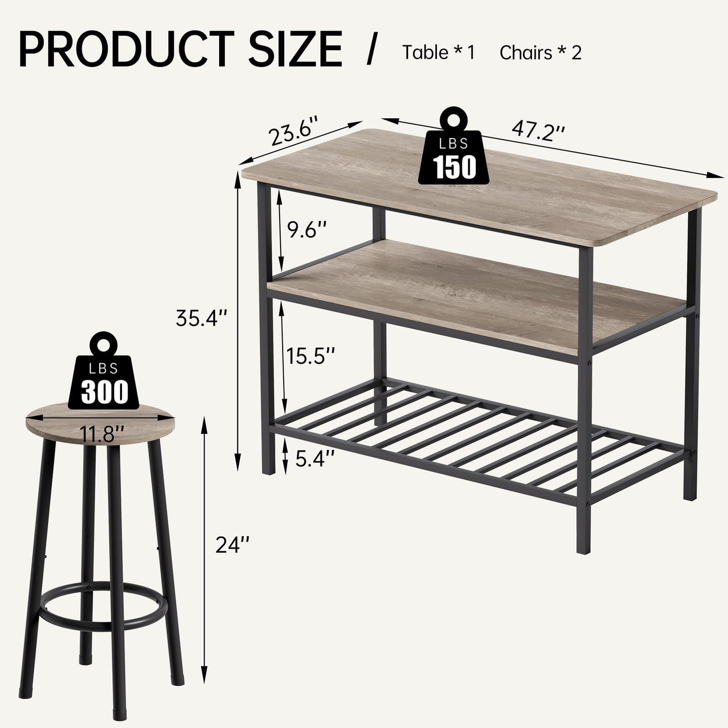 AWQM Island Table with Seat and Storage, Beige, 3 Shelves, Wooden Top Height