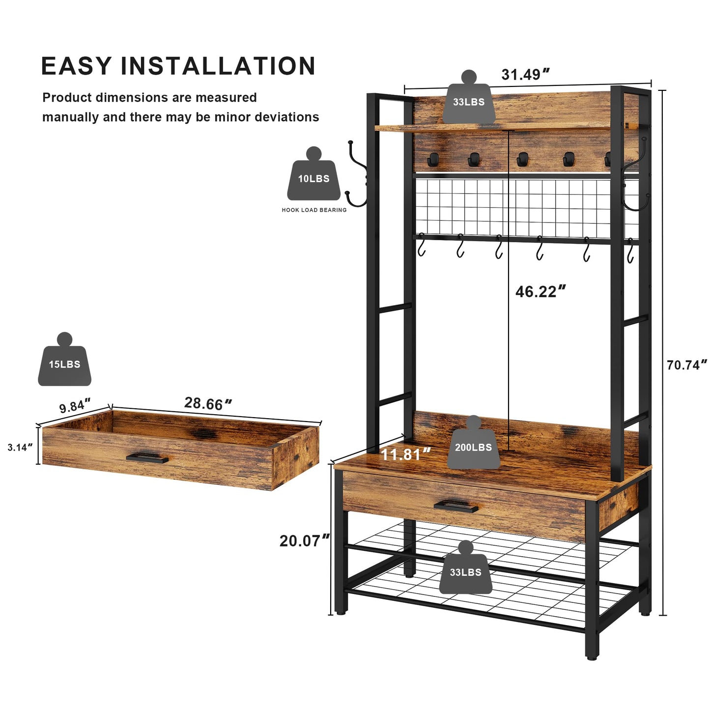 WAQM with bench and shoe cabinet, 5-in-1 coat rack