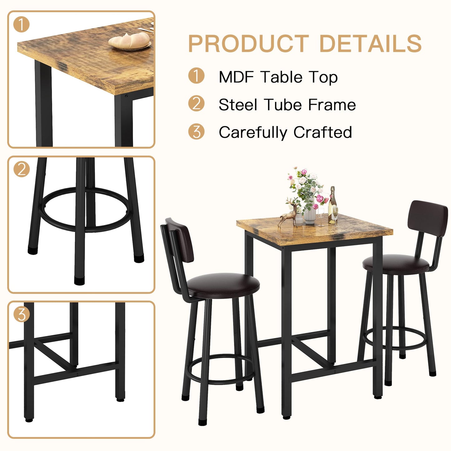 AWQM Industrial Wooden 3 Piece Bar Dining Table Set Counter Height Wooden Tabletop Bistro