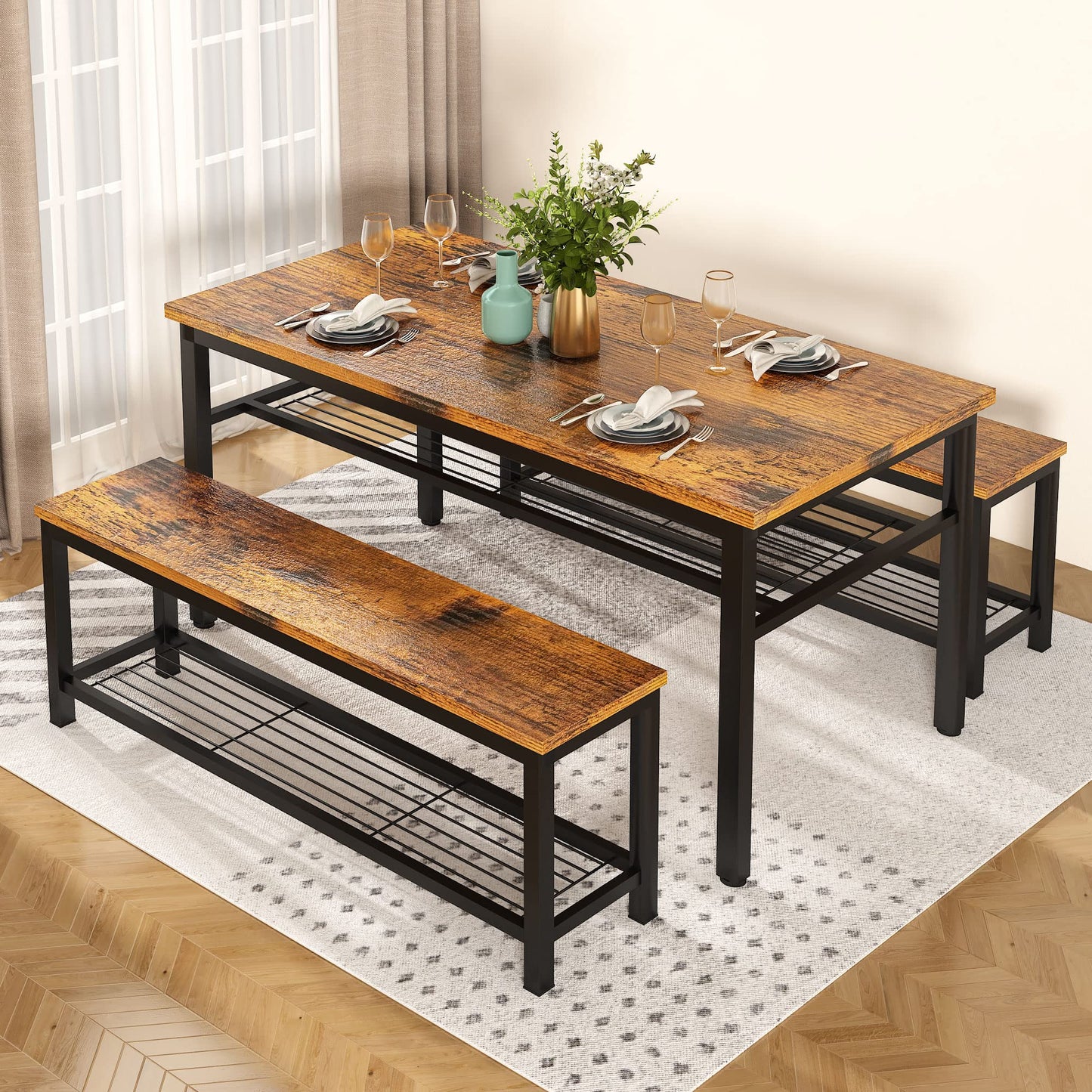 AWQM 43.3” Dining Table Set for 4, Kitchen Table with 2 Benches, Dining Room Table Set with Metal Frame and Storage Shelves