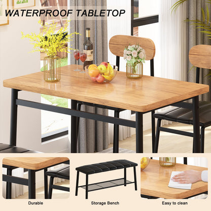 AWQM Industrial Wooden Dining Set for 4 with Bench and 2 Upholstered Chairs