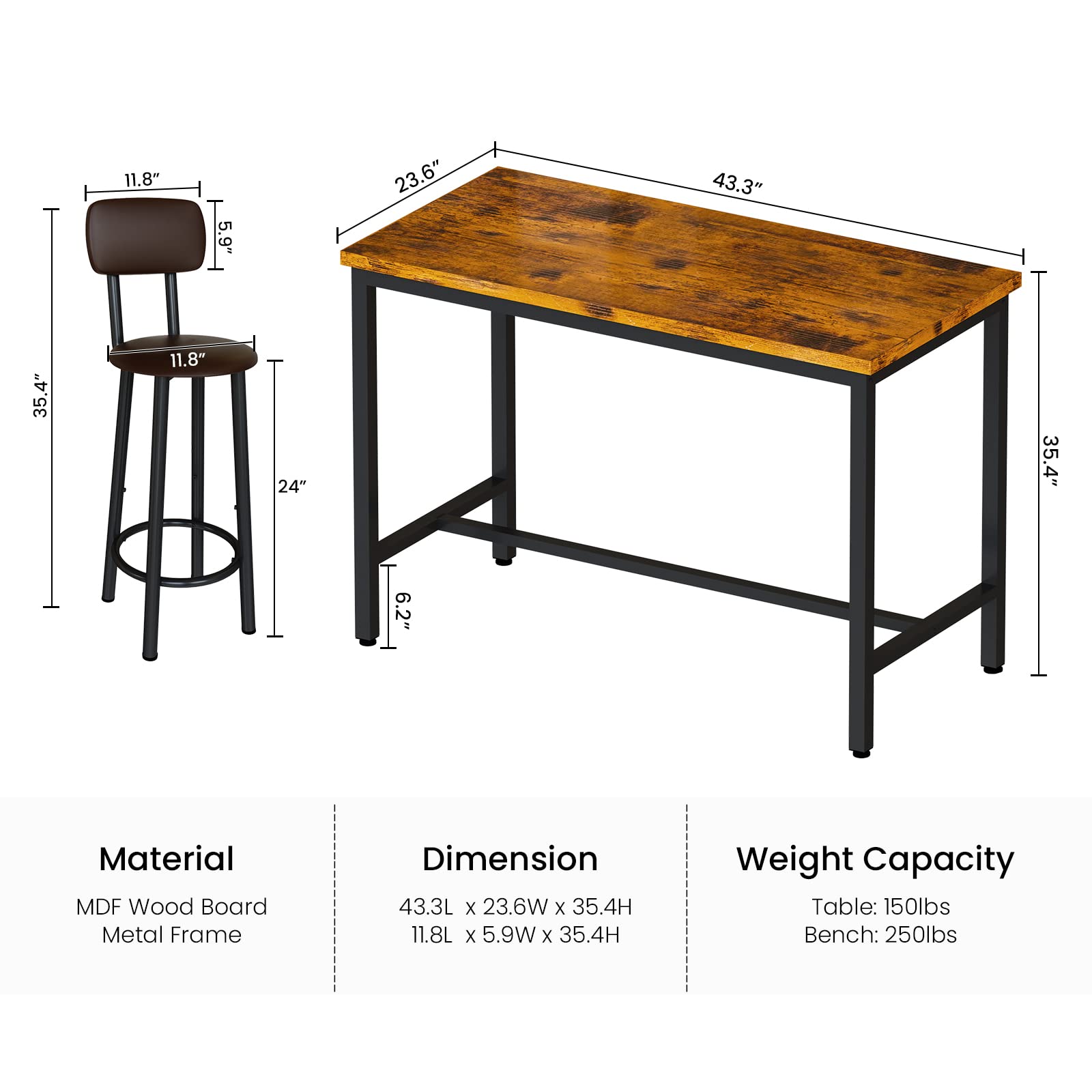 AWQM Bar Table and 4 Chairs Set Industrial Counter Height Pub Table with Bar 5 Pieces Dining Set Home Kitchen Breakfast, PU Upholstered Stools with Backrest, Rustic Brown