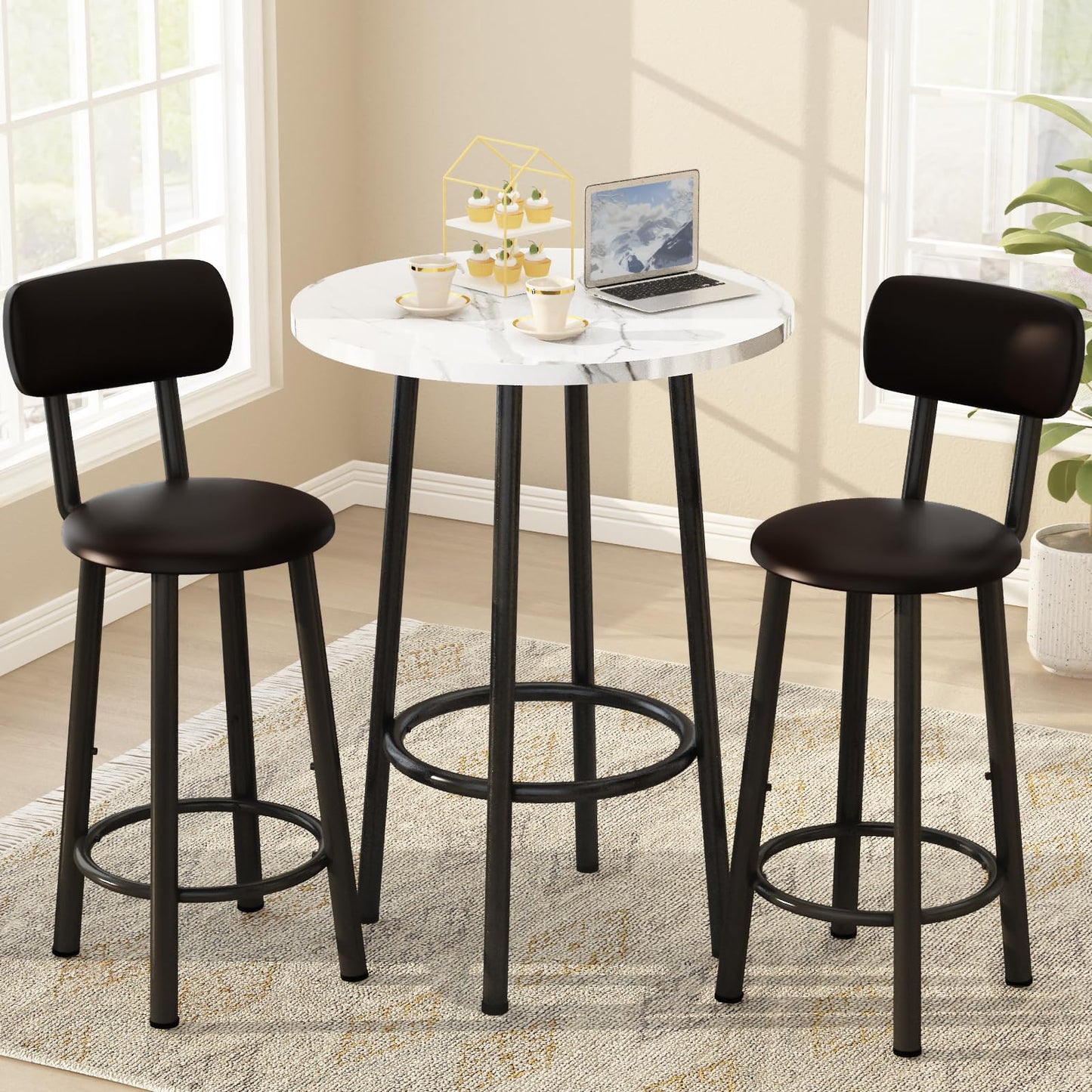 AWQM Round Marble Table and Chair Set with PU Leather Stools