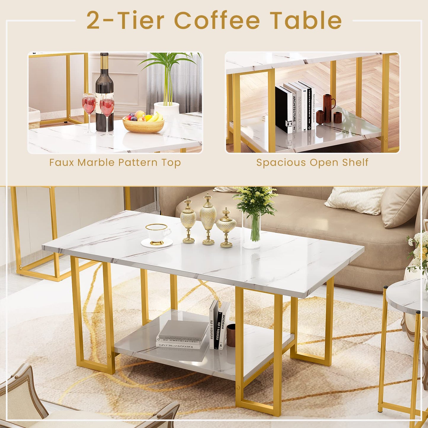 AWQM Marble Coffee Table Set of 3 2 Side Tables