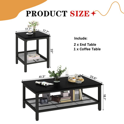 AWQM Industrial Coffee Table and 2 Square Side Tables