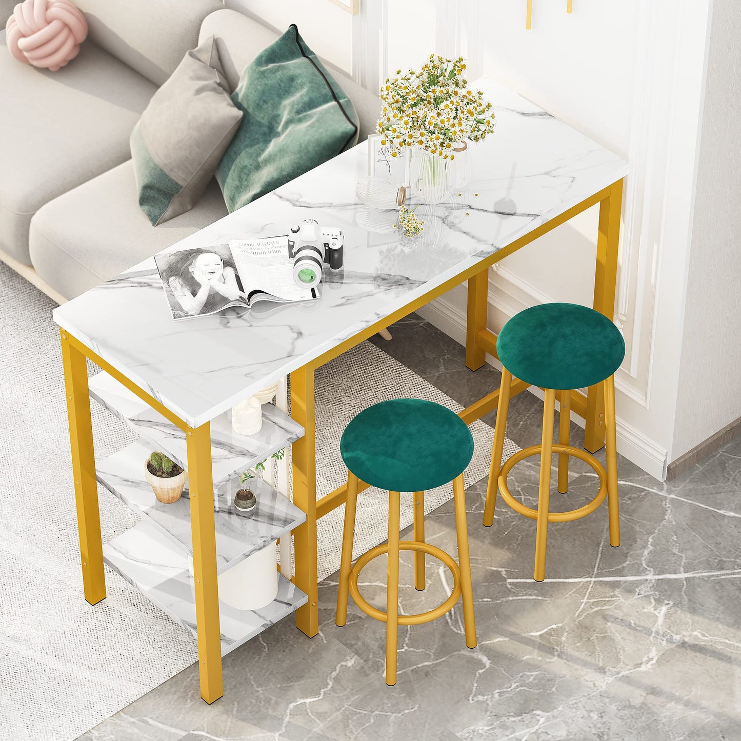 AWQM Bar Set, Modern Marble 2 Velvet Stools