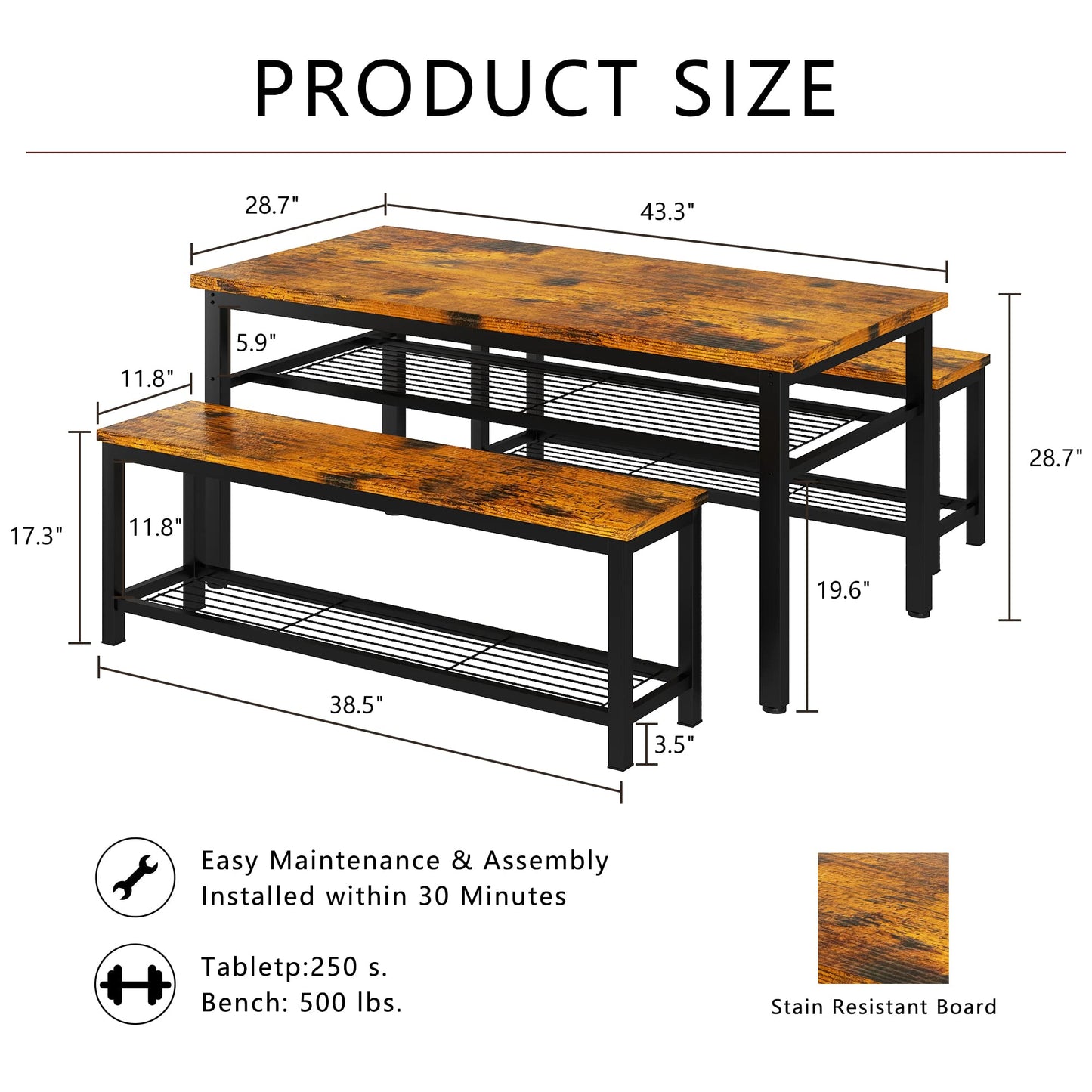 AWQM 43.3” Dining Table Set for 4, Kitchen Table with 2 Benches, Dining Room Table Set with Metal Frame and Storage Shelves