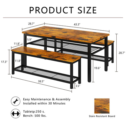 AWQM 43.3” Dining Table Set for 4, Kitchen Table with 2 Benches, Dining Room Table Set with Metal Frame and Storage Shelves