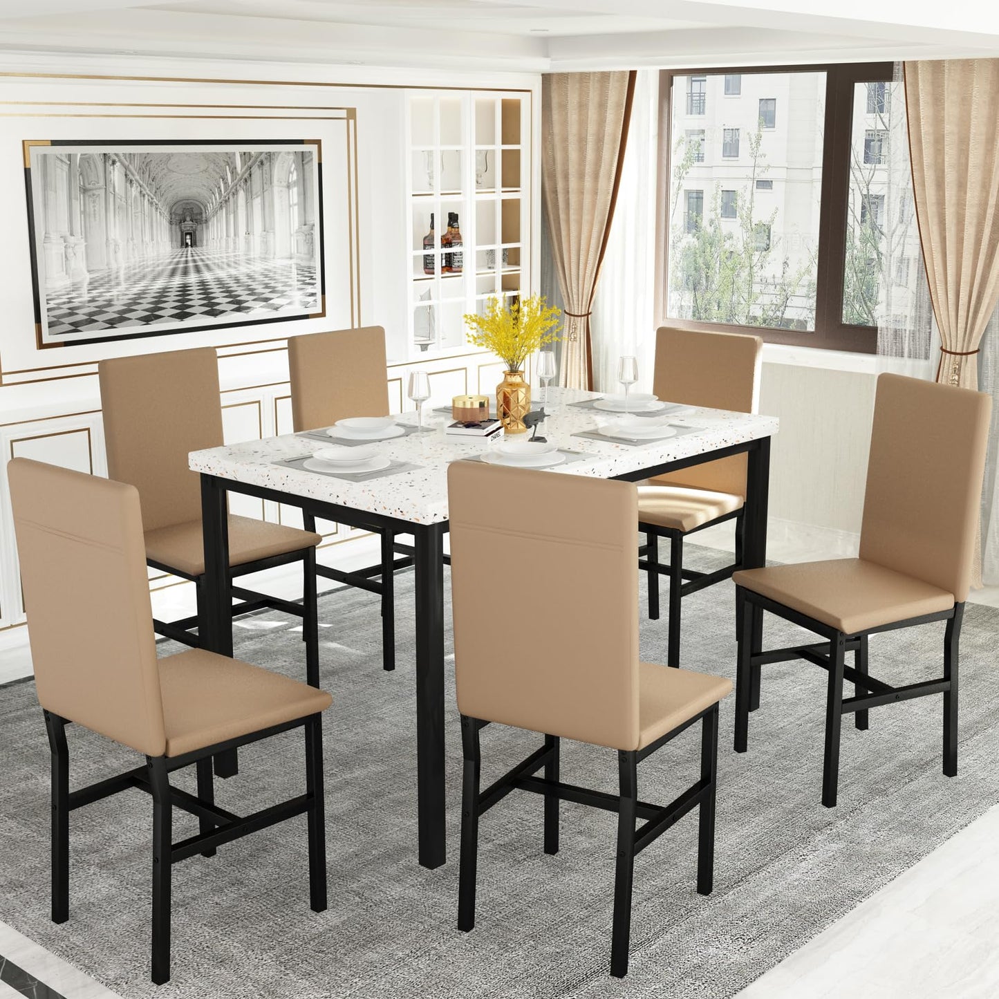 AWQM Marble 6-person dining table set with 6 PU leather chairs