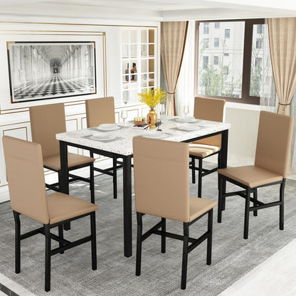 AWQM Marble 6-person dining table set with 6 PU leather chairs