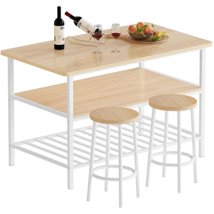 AWQM Island Table with Seat and Storage, Beige, 3 Shelves, Wooden Top Height