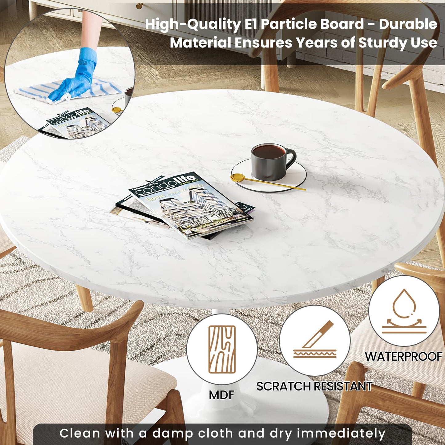 AWQM Modern Marble Round Dining Table for 4-6 People