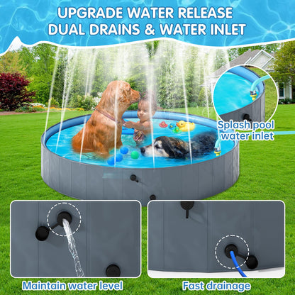 AWQM Collapsible Dog Pool with Sprinkler, Outdoor Portable Non-Slip Kids Pools