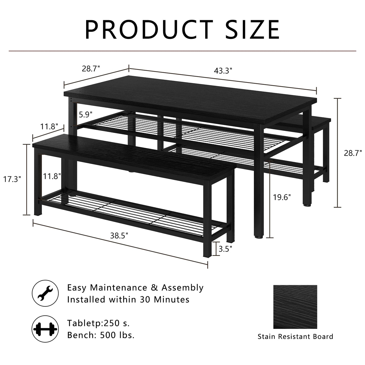 AWQM 43.3” Dining Table Set for 4, Kitchen Table with 2 Benches, Dining Room Table Set with Metal Frame and Storage Shelves