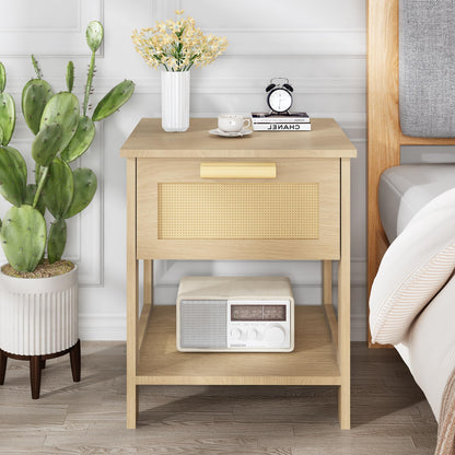 AWQM Bedside table, rattan coffee table, side table with rattan drawers and open shelves