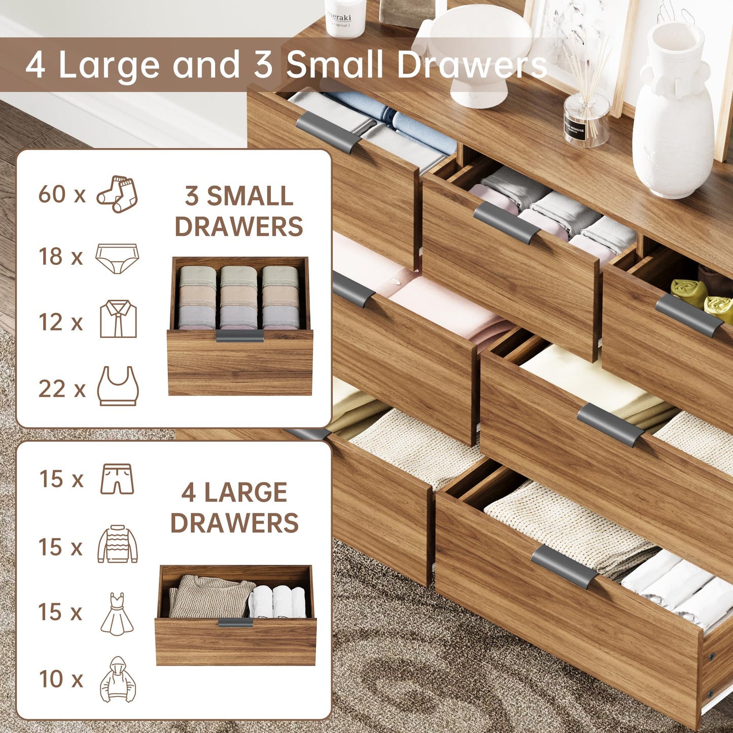 AWQM  Long Chest of Drawers, 7 Drawer Dresser Wooden Cabinet Storage Tower