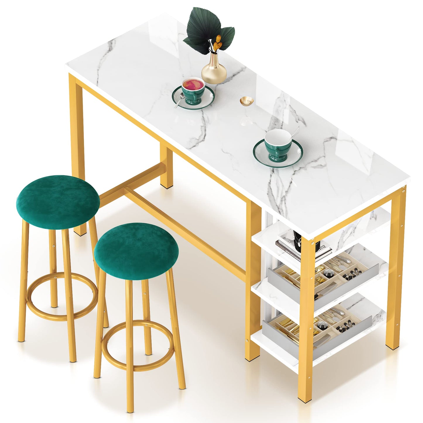 AWQM Bar Set, Modern Marble 2 Velvet Stools