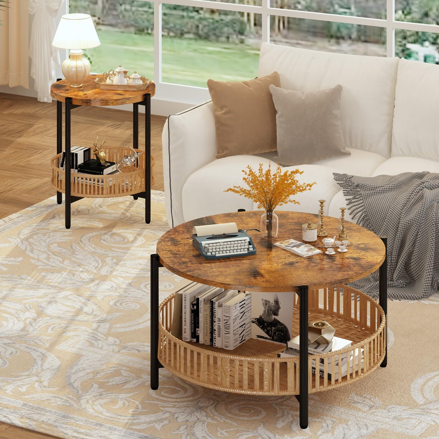 AWQM Coffee Table Tier Round Rattan Coffee Table Side Table with Metal Frame