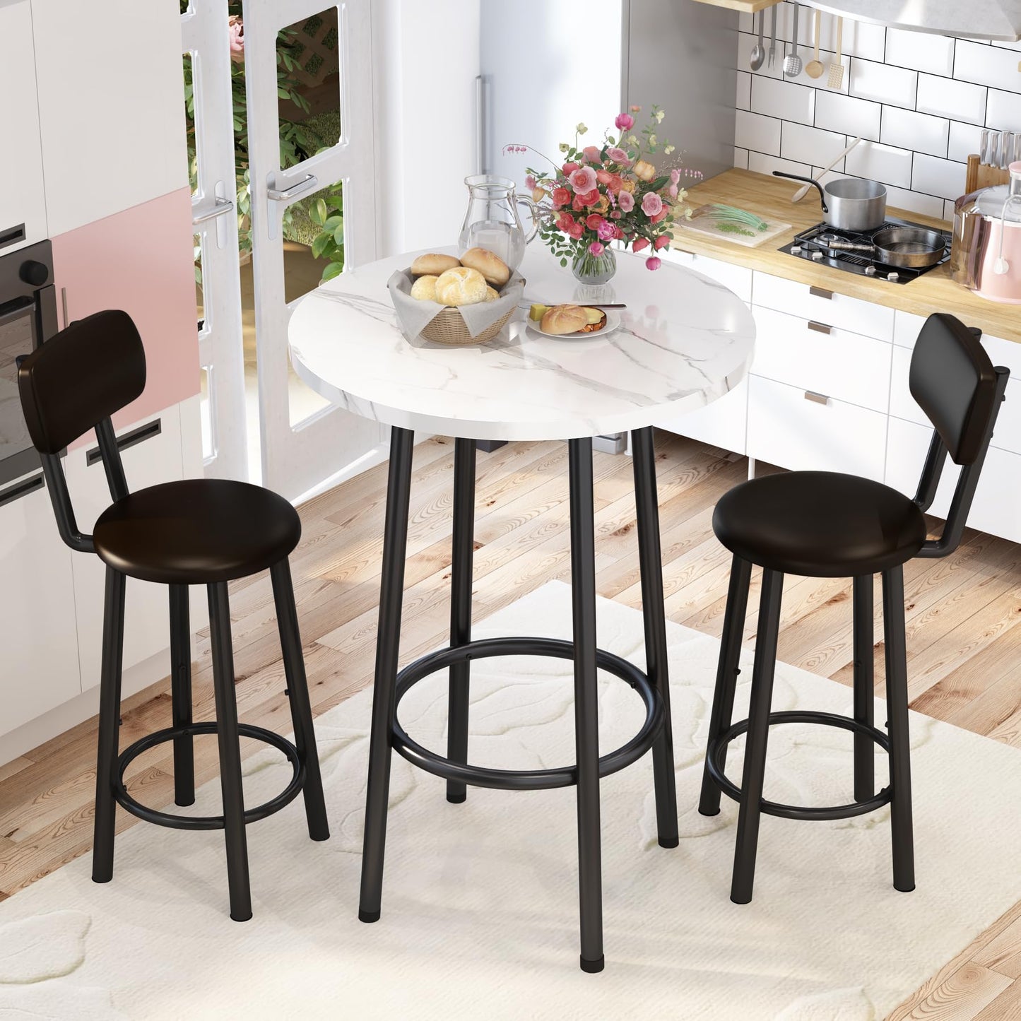 AWQM Round Marble Table and Chair Set with PU Leather Stools