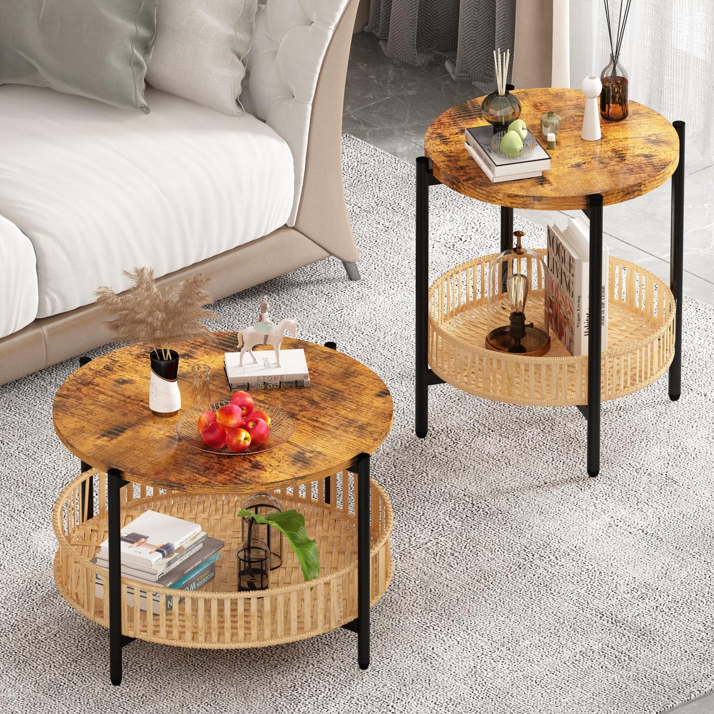 AWQM Coffee Table Tier Round Rattan Coffee Table Side Table with Metal Frame