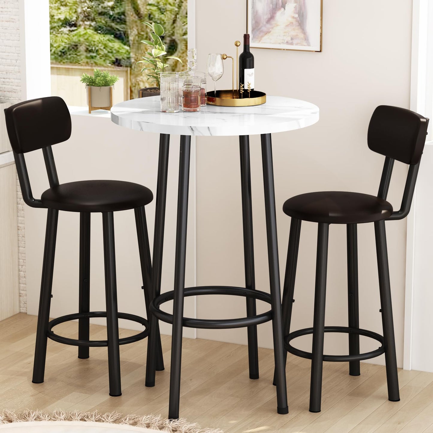 AWQM Round Marble Table and Chair Set with PU Leather Stools