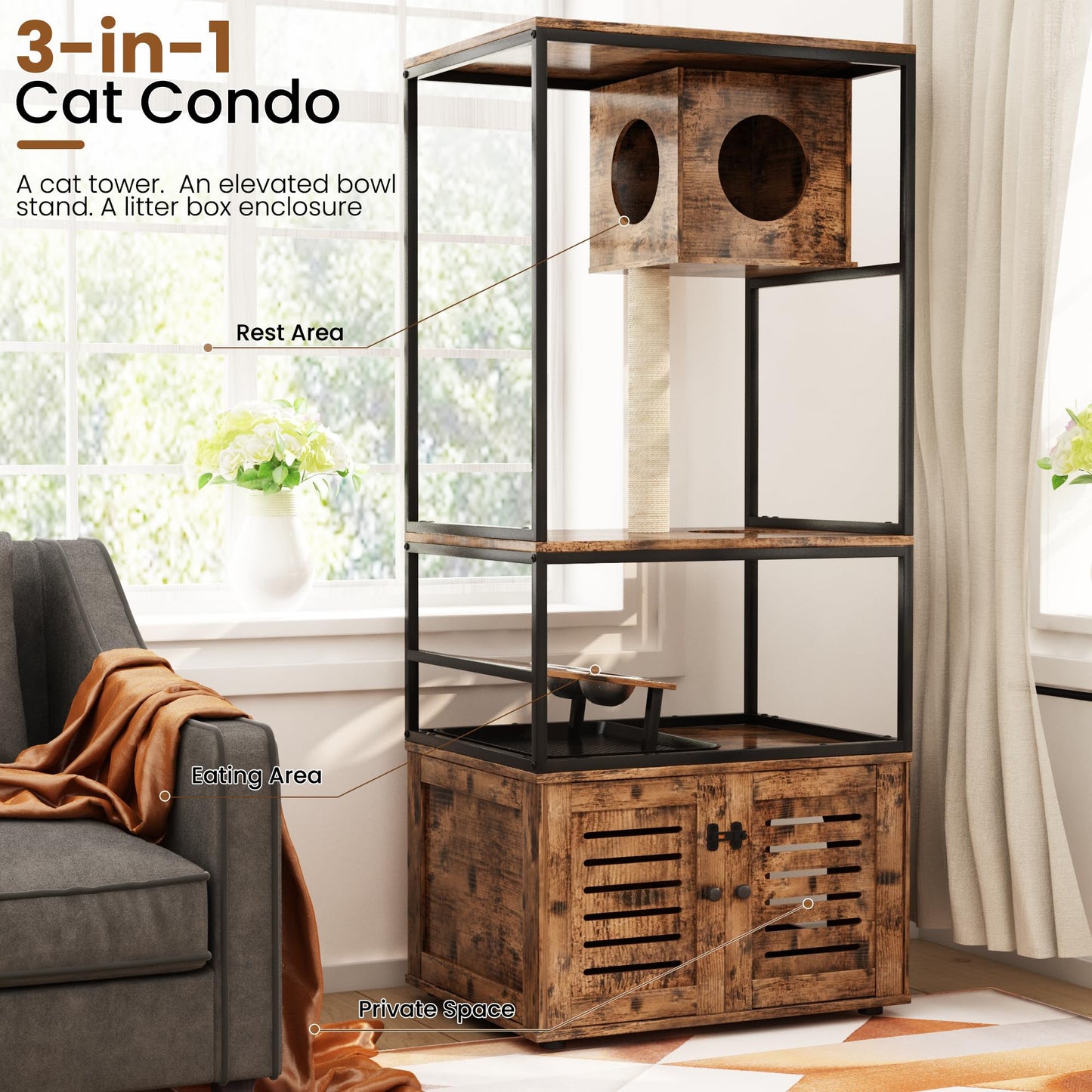 AWQM Wooden Pet Cat House 3 Tier Cat Tree Tower